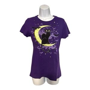 100% Cotton Womens S Black Cat Spooky Bats Purple Graphic T Halloween Half Moon